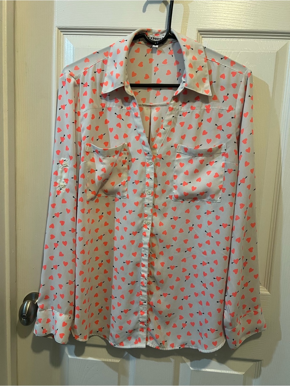 Express White Button-Down Shirt with Coral Heart Print